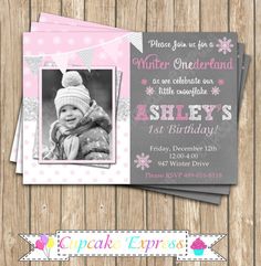 Winter Wonderland Girl Pink Silver Grey 1st Birthday Invitation By CupcakeExpress Photo Snowflakes Snowflake Winter Wonderland Girl Pink Silver Grey 1st Birthday Invitation By CupcakeExpress Photo Snowflakes Snowflake