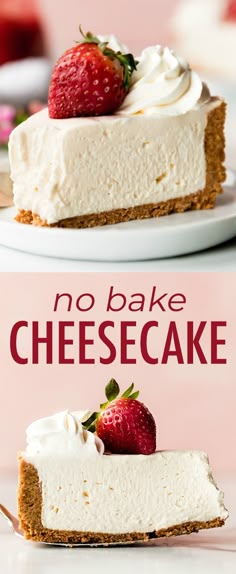 Creamy and smooth No Bake Cheesecake with a thick buttery graham cracker crust! This easy no bake cheesecake recipe only requires a handful of simple ingredients. Recipe on sallysbakingaddiction.com