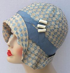 celuloide Hat Vtg de Creme Botones Flapper Antique Cloche Woven Blue 1920s qa0Wv7aAF