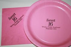personalized sweet 16 magenta and black cake plates and napkins by