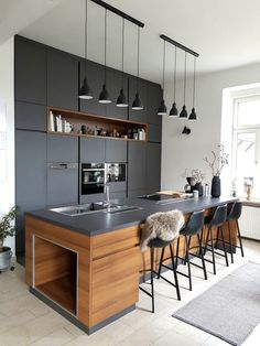 European Minimalist Kitchen Decor Designs And Ideas. Modern Light Fixtures Kitchen, Modern Kitchen Lighting, Island Kitchen, Kitchen Walls, Kitchen Industrial, Kitchen Backsplash, Kitchen Countertops, Dark Gray Countertops