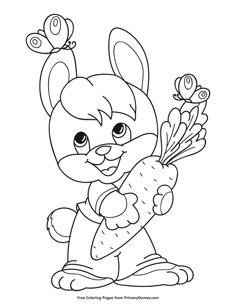 Ceci contient une image de : Easter Bunny Holding a Carrot Coloring Page • FREE Printable eBook