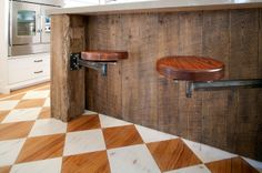Attached Bar Stools For The Home Pinterest Stool The Island S Large Size Meant There Wasn T Much E Left Between It And Custom Built In Pantry Wall So Troyer Designed Swing Arm Stools That