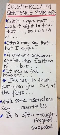 Argument: Counterclaim sentence frames English, Anchor Charts, Persuasive Writing, Argumentative Essay, Argumentative Writing, Persuasive Essays, Sentence Starters For Essays, Opinion Writing