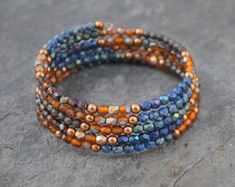 Artisan Handcrafted OOAK Double Strand Lapis Lazuli Multi Colored Semi Precious Stone Sterling Silver Bohemian Hippie Bracelet