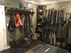 Mud area for Outdoors’ gear and clothing. Camping, Hiking, Fishing, Hunting. IN THE BASEMENT. Outdoor Gear Storage, Hunting Garage, Hunting Home Decor, Hunting Room, Hunting Man Cave, Hunting Cabin, Hunting Gear