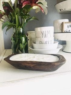3 wick-gifts Dough bowl soy candles home decor-Natural Wood