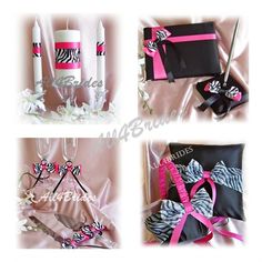 Guest Book Flutes 14pc Set Zebra and Hot Pink Unity Candle Cake Set Flower Girl Basket Leg Garter Set Zebra Wedding Ring Pillow