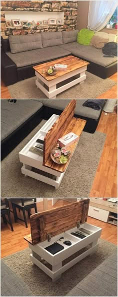 Sectional: add pillows to the longer side to accommodate more people Wood Pallet Tables, Diy Pallet Furniture, Pallet Diy, Wood Pallets, Furniture Ideas, Barbie Furniture, Outdoor Furniture, Garden Furniture