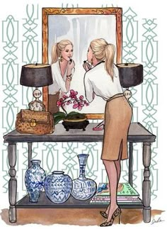 Inslee Haynes- Like the wall pattern, the black shades, the lamps, console table, floral piece, the ceramics and the vignette in general.......Like the feel.  Like her outfit too...haha.. Fashion, Mode Wanita, Beautiful, Ilustrasi, Sao, Inspo