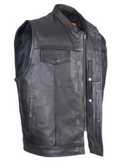 Small SOA Mens Concealed carry Collarless Premium Leather Biker Outlaw MC Club Vest Bikers Leather