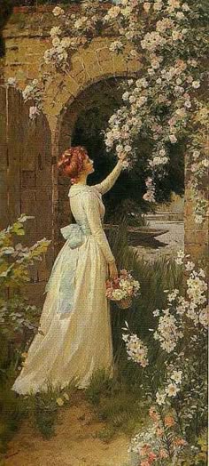 Victorian Lady Gathering Flowers Antique 1884 Book Illustration