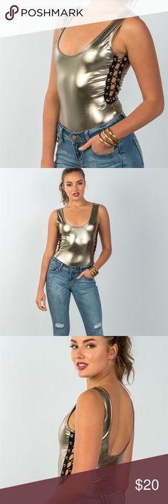 Ladies Fashion Metallic Gold Contrast Strappy Sides Bodysuit