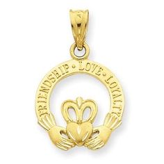 14k Satin Diamond-cut Flat-Backed Claddagh Pendant