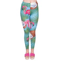 Women Pink Flamingo Sky Blue Full Print Skinny Stretchy Yoga Leggings New