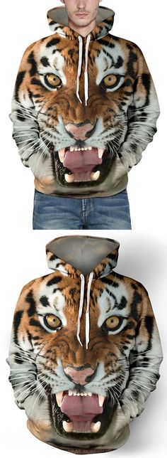 Hot Sale Drawstring Hooded Front Pocket Cool 3D Tiger Print Long Sleeves Men's Loose Fit Hoodie Hoodies Online, Hoodies Men, Sweatshirts, Cats And Kittens, Tiger Hoodie, Cool Outfits, Mens Outfits, Nike Outfits