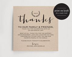 Wedding Thank You Card With Pre Printed Thank You Message On Back
