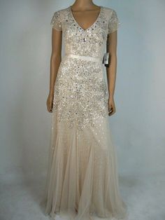Adrianna Papell Ivory Silver Short Sleeve Beaded Godet Gown NWT ALL Sizes $320