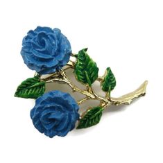 Antique Button…Big Blue Glass Shape with Sweet Enamel Pink Roses /& Green Leaves