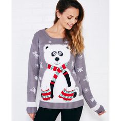 Golden Touch Imports/planet Gold Panda Bear Sweater With Scarf &... () ❤ liked on Polyvore featuring tops, sweaters, grey, wet seal, print sweater, gray sweater, panda bear sweater, cocktail tops and crew sweater
