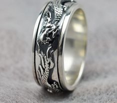 Stainless Steel Matte Finished 2 Color Spiral Dragon Chinese Zodiac Sign Concave Band Ring