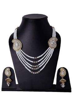 Aradhya Five Layer Maroon Ruby Colour Real Onyx Stone Necklace With Side Diamond Pendant Earrings