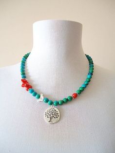 Nuevo 10 mm Azurita Chrysocolla Gem Collar 18/" Plata Tibetana Broches De Amor