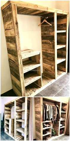 Étagère rangements Wood Diy, Pallet Wardrobe, Pallet Furniture Designs