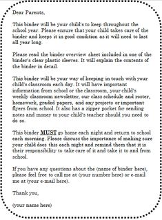 teacher templates letters parents | Parent Letter for Homework