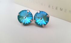 Small Stud Earrings with Blue Light Sapphire Round Crystals from Swarovski Silver Toned Rhodium Plated
