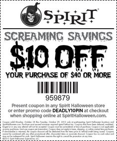 todays screaming savings coupon gives you 10 off your purchase of 40 or more at spirit - Spirit Halloween 50 Off Coupon todays screaming savings coupon gives you 10 off your purchase of 40 or more at spirit - Spirit Halloween 50 Off Coupon