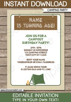 camping party invitations camping birthday party theme editable diy template 750 instant download
