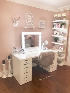 IKEA Alex drawers (added bling knobs) Linnmon tabletop, Lack shelves, Tobias clear chair. Added a Hollywood style mirror makes a perfect vanity desk. Room Makeover, Teen Bedroom Decor, Room Ideas Bedroom, Teen Bedroom