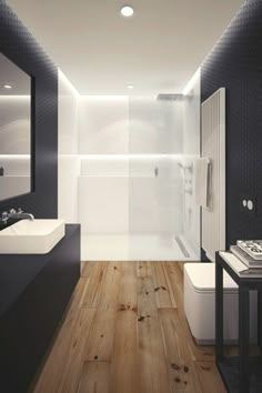 Bellissimo bagno contemporaneo moderno in bianco e nero con pavimenti in legno - controsoffitto in cartongesso con illuminazione diffusa perimetrale Inspiration, Inspo, Kamar Tidur, Led