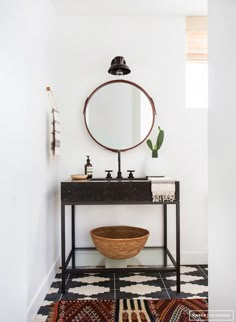 143 Best Mirrors Images On Pinterest In 2018 Bathroom Home Decor Bathroom With Round Mirror Patterned Encaustic Tile Floor Designed By Amber Lewis Via