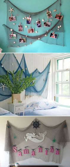 Bring the feel of the sea to the kid’s room by hanging a fishing net decoration. Room Decorations, Beach Themed Bedroom, Beach Room, Ocean Themed Bedroom, Bedroom Diy, Kids Bedroom, Ocean Room