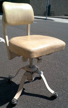 vintage wood yellow vinyl swivel desk office chair industrial retro