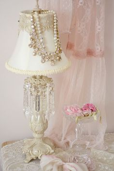Lot of 2 Vintage Super Cute Floral Roses Lamp Shabby Cottage Chic painted Works