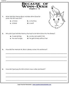 Worksheet Because Of Winn Dixie Worksheets because of winn dixie reading comprehension questions worksheets