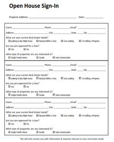 Realtor Printable Open House Sign In Sheet Open House Sign In Sheet With Questions