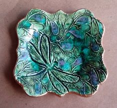 THREE Tiny Ceramic Ring Bowl Ring Dish Ring Holder Peacock green edged in gold 2 12 inches round Wholesale available