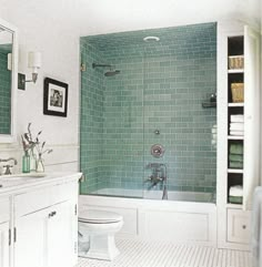 ideas witching small bathroom design with tub and shower using green ceramic wall tiles including clear glass panels alongside white linen storage cabinet with 5 tier shelving unit Home Décor, Bath, Bathroom Tub Shower, Bathtubs For Small Bathrooms, Bathroom Remodel Master, Small Bathroom Remodel, Bath Remodel, Bathroom Tub, Bathroom Design Small