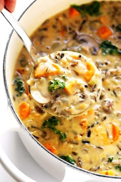 This Cozy Autumn Wild Rice Soup is the perfect fall comfort food! It's easy to make in the Instant Pot (pressure cooker), Crock-Pot (slow cooker), or on the stovetop. It's loaded with sweet potato, kale, mushrooms and other autumn veggies. It's easy to make gluten-free or vegan, if you would like. And it's SO delicious. | Gimme Some Oven #soup #dinner #vegetarian #glutenfree #vegan #comfortfood Vegan Recipes, Spaghetti, Recipes