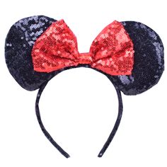 Girls Black Minnie Ears Glitter with Red Sequin Bow On Top Mouse Head Band