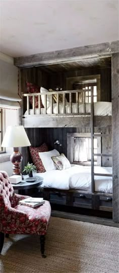 Bunk Beds with a Chair for Reading Bedroom, Bunk Beds, Rustic Bunk Beds, Bunk Room, Bunk Rooms, Bed, Cozy Cottage Interiors, Home Bedroom