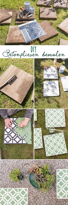 DIY Anleitung für selbstgemachte upcycling Betonfliesen im marokkanischen Look mit Betonfarbe und Betonplatten als dekorative Gehwegplatten für den Garten im Teppich Look // leelahloves.de Diy Concrete Slab, Concrete Color, Concrete Tiles, Painting Concrete, Concrete Garden, Recycled Concrete, Cement Diy, Cement Planters, Concrete Crafts