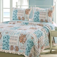 Quilt Set King Boho Chic Summer Coastal Blue and White Texture Printed Reversible Bedding Set with 1 Comforter and 2 Pillow Shams