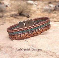 Brown braided leather bracelet with Patina Half-Tila beads and masculine antique copper magnetic clasp! Custom sizes! Leather Bracelets, Diy Leather Bracelet, Leather Bracelet, Braided Leather Bracelet, Mens Accessories Bracelet, Beaded Leather Bracelet