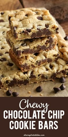 Chewy Chocolate Chip Cookie Bars - Chocolate Chip - Ideas of Chocolate Chip #ChocolateChip - Chewy Chocolate Chip Cookie Bars from afarmgirlsdabbles A quick and easy chocolate chip cookie recipe baked in a pan. No mixer and no chilling. Youll love how soft and buttery and chewy these are! #chocolate #chip #cookie