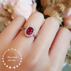 July Birthstone 2.1 ct tw Natural Red Ruby /& Diamond Solid 14k White Gold Double Halo Engagement Ring for Women 14 mm